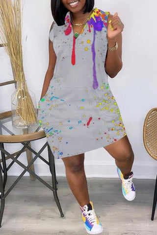 Fashion Sleeveless Splash Ink Print Dress