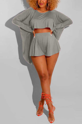Fashion Solid Color Batwing Sleeve Shorts Set