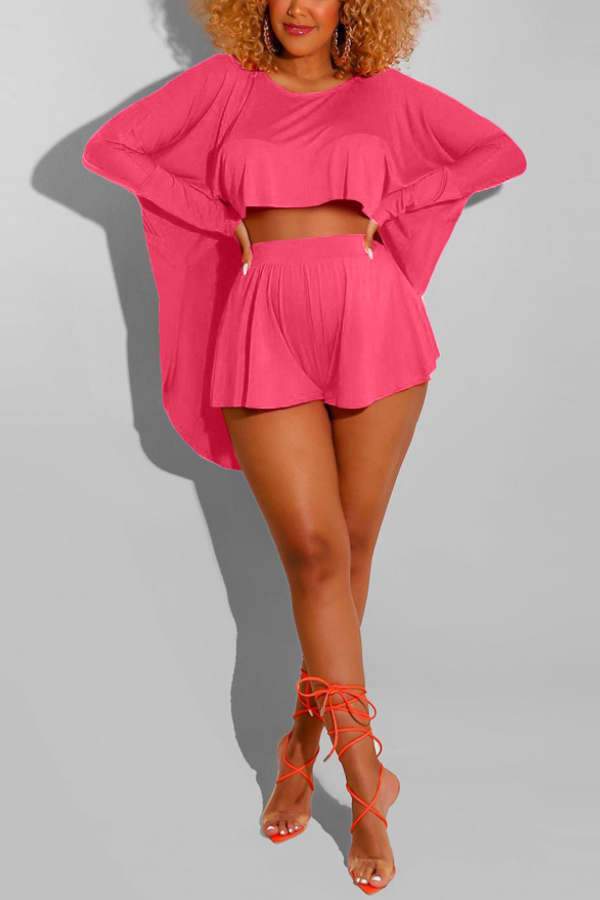 Fashion Solid Color Batwing Sleeve Shorts Set