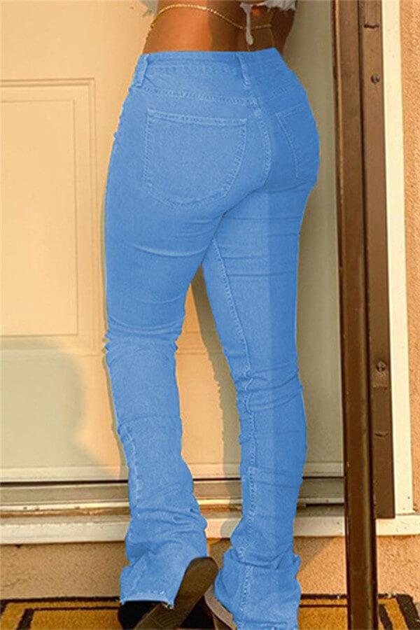 Fashion Solid  Color Fold Straight Denim Jeans