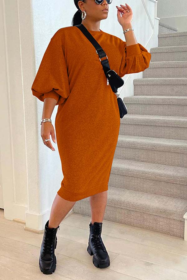 Free-shipping-online-clothing-fashion-solid-color-lantern-sleeve-dress