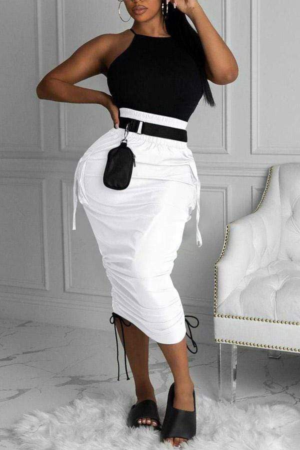 Fashion Solid Color Pocket Design Skirt