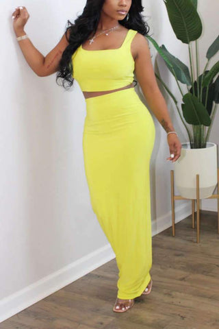 Fashion Solid Color Slim Vest Skirt Set