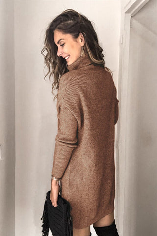 Fashion Solid Color Turtleneck Sweater Dress