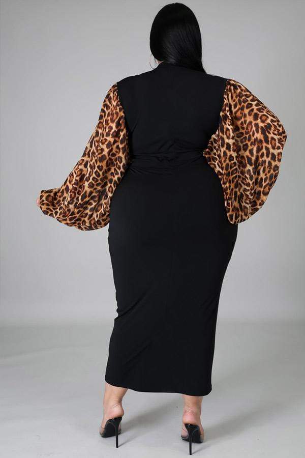 Fashion Stitching Leopard Lantern Sleeve Dress