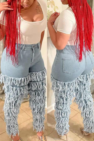 Fashion Tassel High Waist Light Jeans