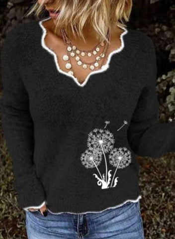Fashion V Neck Dandelion Embroidery Sweater