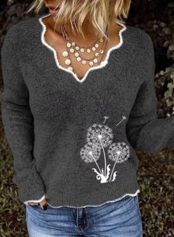 Fashion V Neck Dandelion Embroidery Sweater