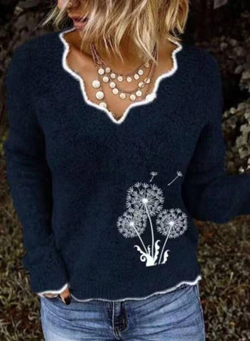 Fashion V Neck Dandelion Embroidery Sweater