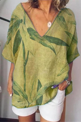 Fashion V Neck Leaf Print Blouse