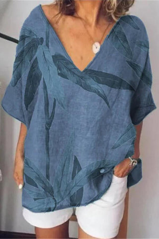 Fashion V Neck Leaf Print Blouse