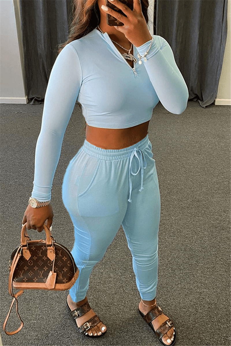 Casual V Neck Solid Color Sportswear Two Pieces