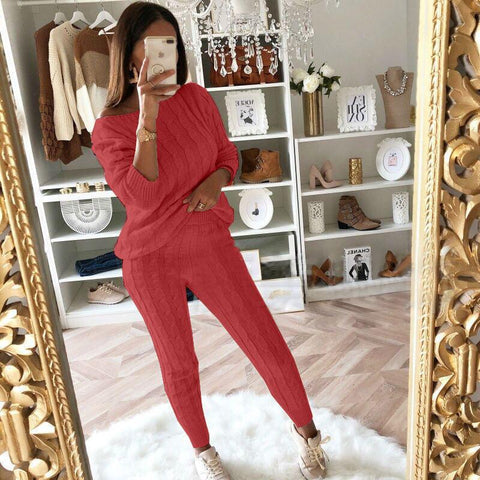 Plus Size Solid Long Sleeve Sweater Pants Two Pieces Set