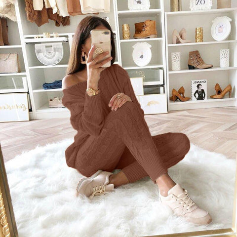 Plus Size Solid Long Sleeve Sweater Pants Two Pieces Set