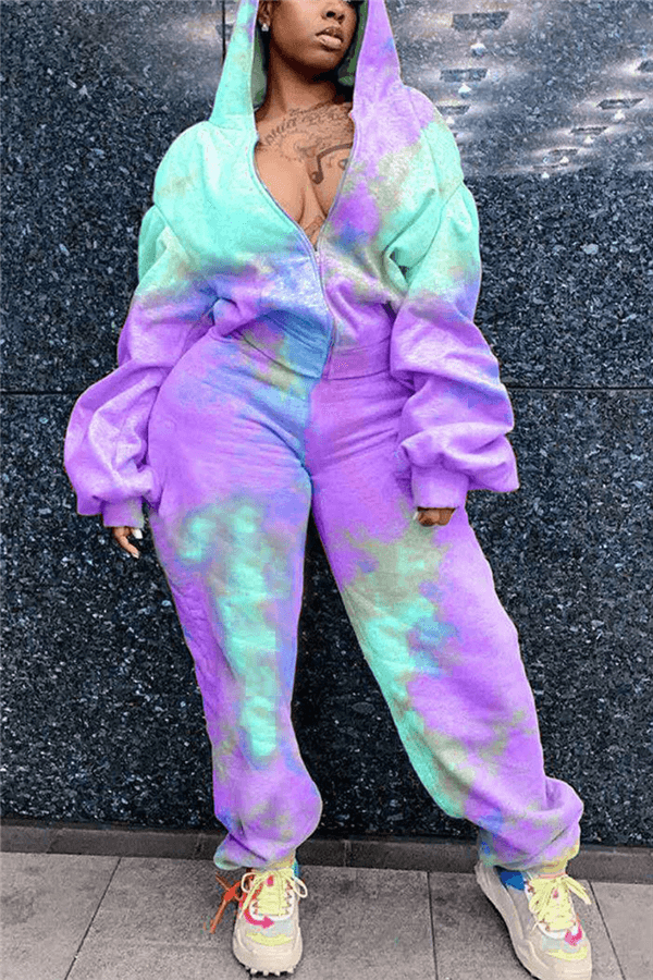 Fashion Casual Tie-dye Print Hoodie Two Pieces