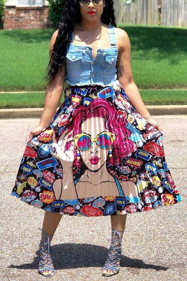 Cartoon Print Pleated Skirt