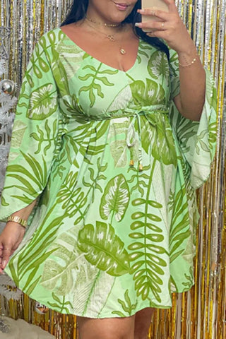 Plus Size Tropical Print Basic V Neck Orange Dresses