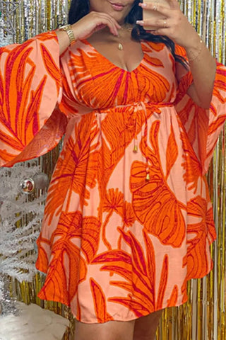 Online-clothing-plus-size-print-basic-v-neck-orange-dresses