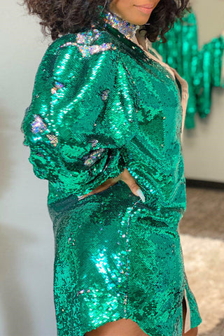 Online-clothing-plus-size-casual-solid-fish-scale-sequin-long-sleeved-shirt-mini-dress
