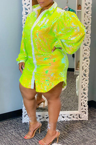 Online-clothing-plus-size-casual-solid-fish-scale-sequin-long-sleeved-shirt-mini-dress