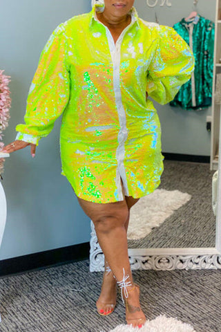 Online-clothing-plus-size-casual-solid-fish-scale-sequin-long-sleeved-shirt-mini-dress