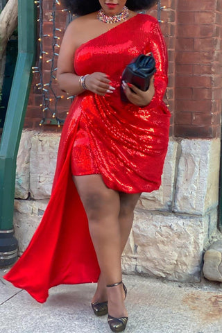 Online-clothing-plus-size-sequin-dresses-one-shoulder-irregular-dress
