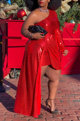 Online-clothing-plus-size-sequin-dresses-one-shoulder-irregular-dress