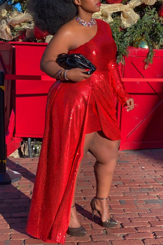 Online-clothing-plus-size-sequin-dresses-one-shoulder-irregular-dress