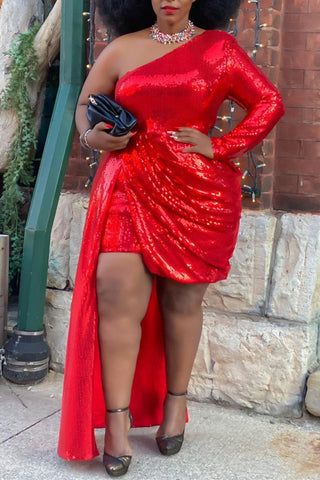 Online-clothing-plus-size-sequin-dresses-one-shoulder-irregular-dress