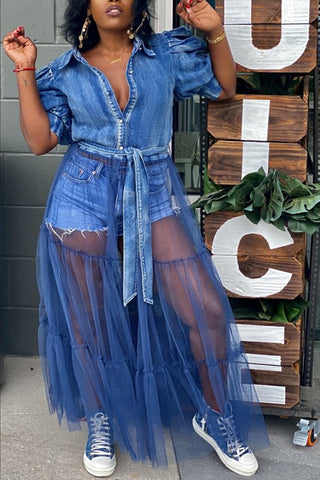 Online-clothing-plus-size-casual-denim-puff-sleeve-sheer-see-through-midi-dress