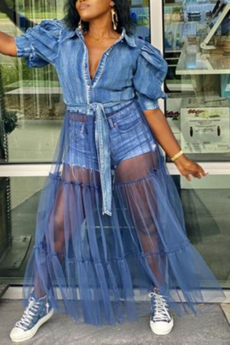 Online-clothing-plus-size-casual-denim-puff-sleeve-sheer-see-through-midi-dress