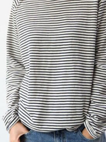 White-Black Long Sleeve Cotton Simple & Basic Shirts & Tops