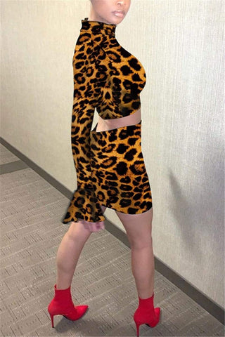 Ruffle Sleeve Leopard Two-Piece Suit