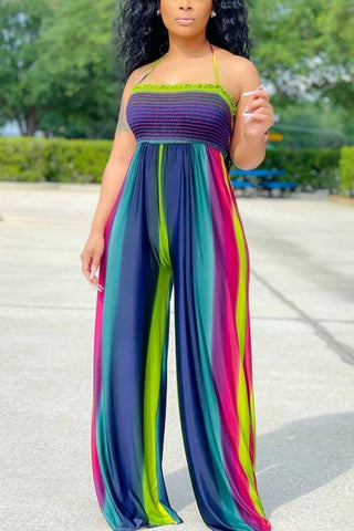 Sexy Backless Lace-up Color Striped Jumpsuit