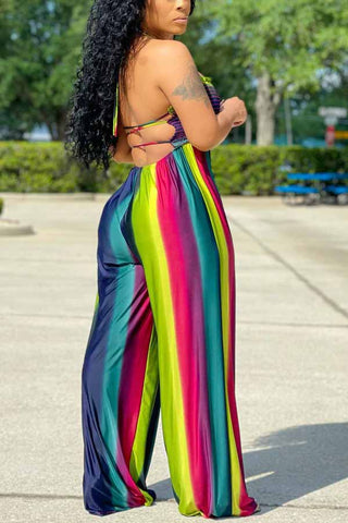 Sexy Backless Lace-up Color Striped Jumpsuit