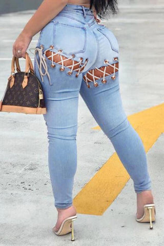 Sexy Bandage Hollowed Out Plus Size Jeans