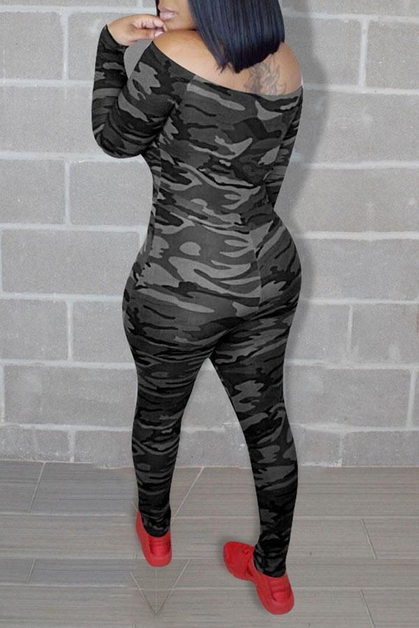Sexy Camouflage Off the Shoulder Skinny Jumpsuits