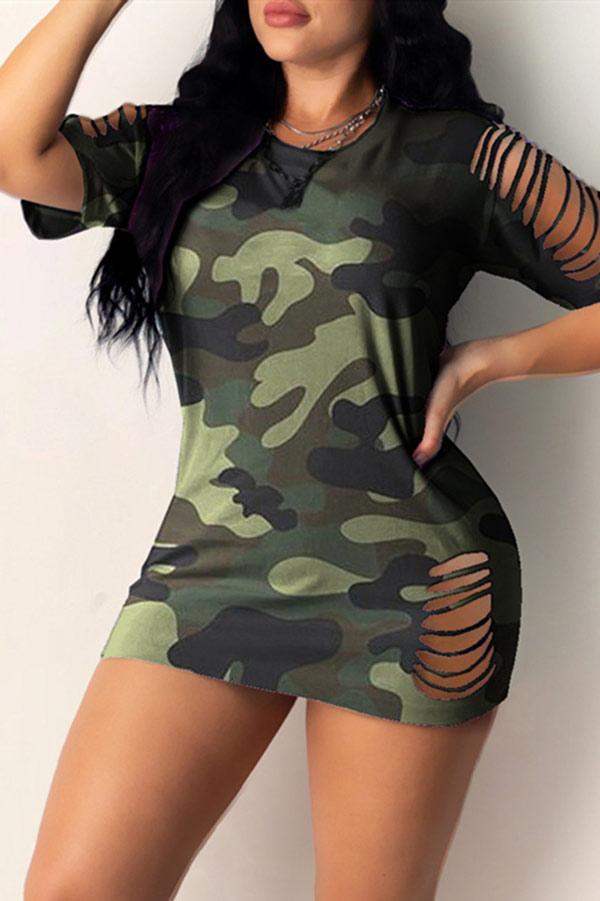 Sexy Camouflage Print Hollow Out Dress