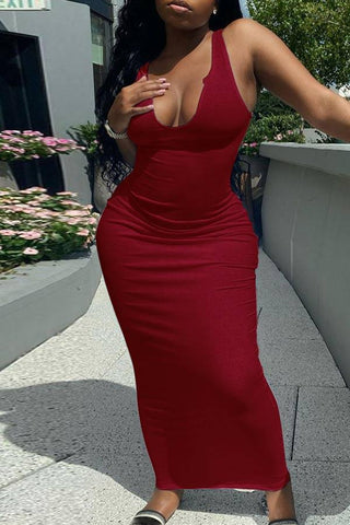 Sexy Deep V Slim Solid Color Long Dress