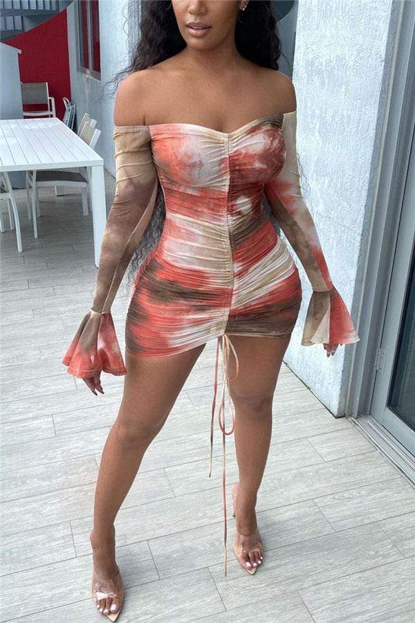 Sexy Draw String Backless Print Dress