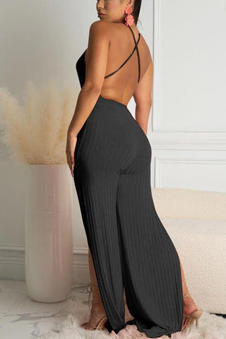 Sexy Halter Backless Wide Leg Solid Jumpsuits