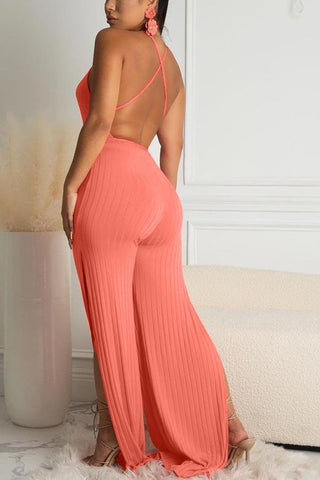 Sexy Halter Backless Wide Leg Solid Jumpsuits