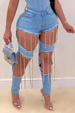 Sexy Hollowed Out Chains Design Jeans