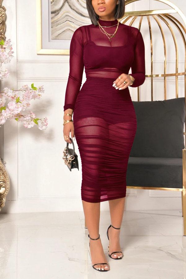 Sexy Mesh Solid Color Slim Dresses