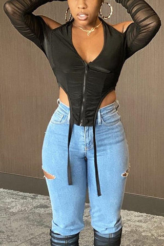 Sexy Mesh stitching Off The Shoulder Tops