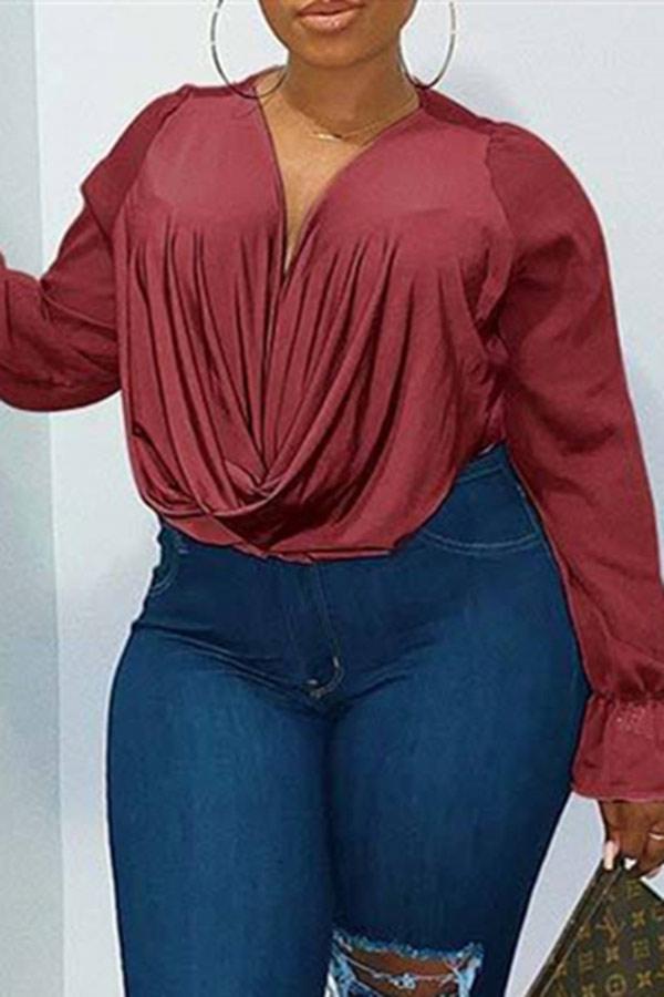 Sexy Plus Size Solid V Neck Tops