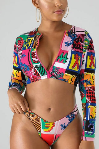 Sexy Print Zipper Design Swimsuit Set