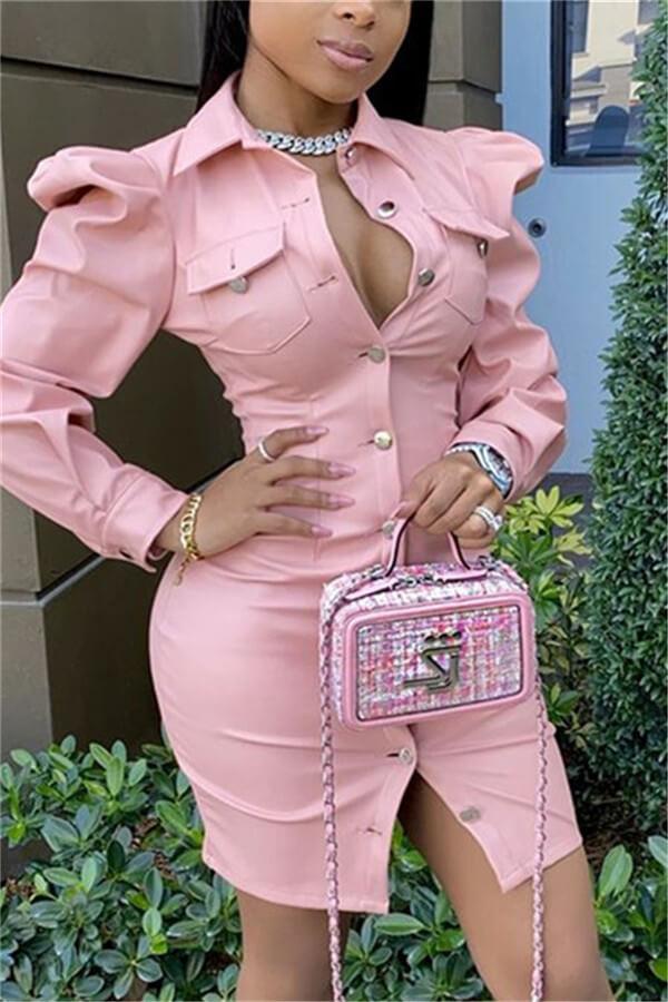 Sexy Puff Sleeve PU Leather Mini Dress