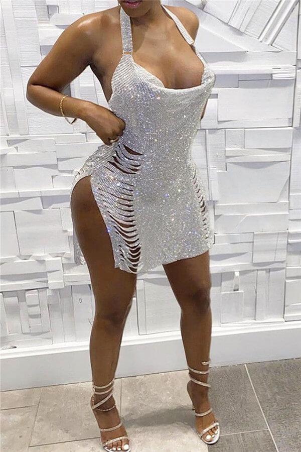 Sexy Ripped Hollowed Out Sequins Backless Mini Dress