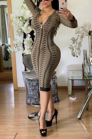 Sexy Skinny Digital Print V-neck Dress